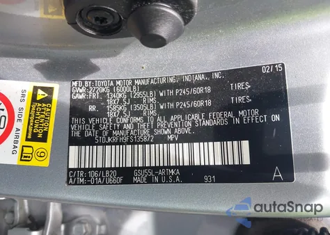 2015 Toyota Highlander Xle V6 from USA, damaged, VIN 5TDJKRFH9FS135872